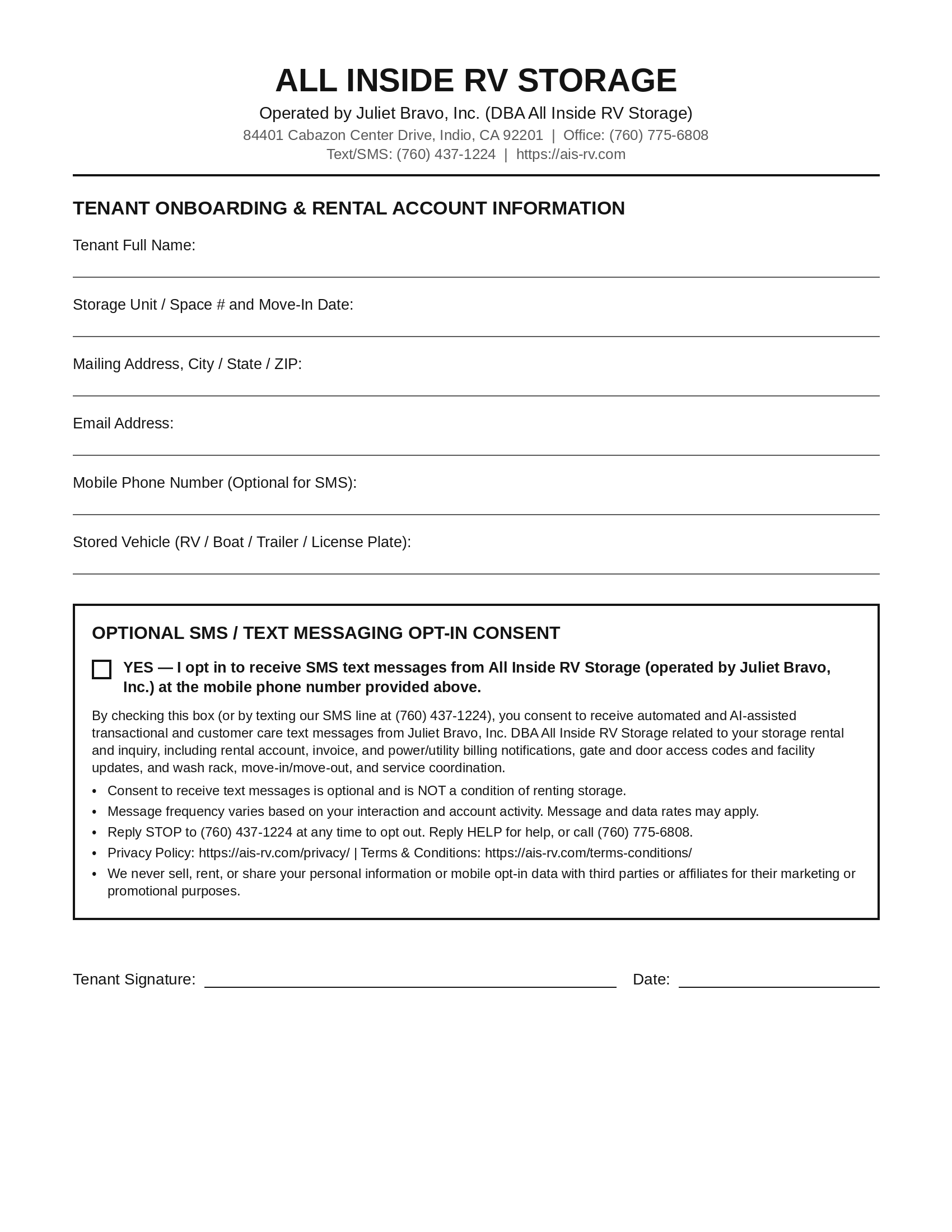 Printed All Inside RV Storage Tenant Onboarding and SMS Opt-In Consent Form